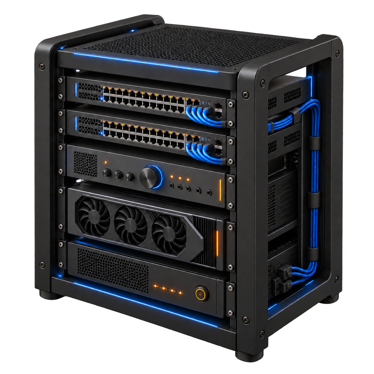 Conceptual black equipment rack with network, compute, and power modules